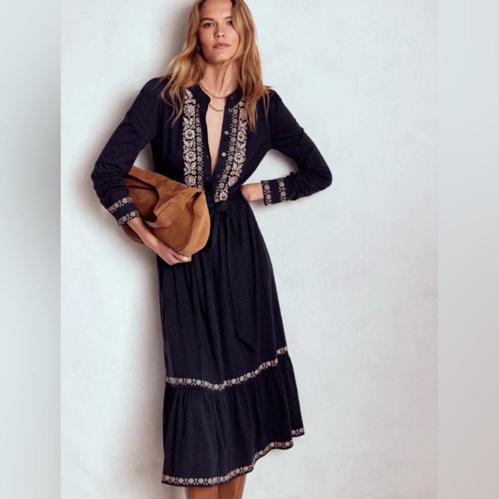 Boden Edwina Jersey Shirt Dress in Navy Blue with Embroidery size 12P - Picture 1 of 14